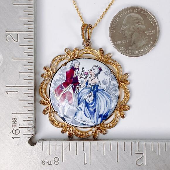 VTG 1950s Pendant Necklace Filigree Enamel French Rococo Style Prong Set MCM - Picture 10 of 13